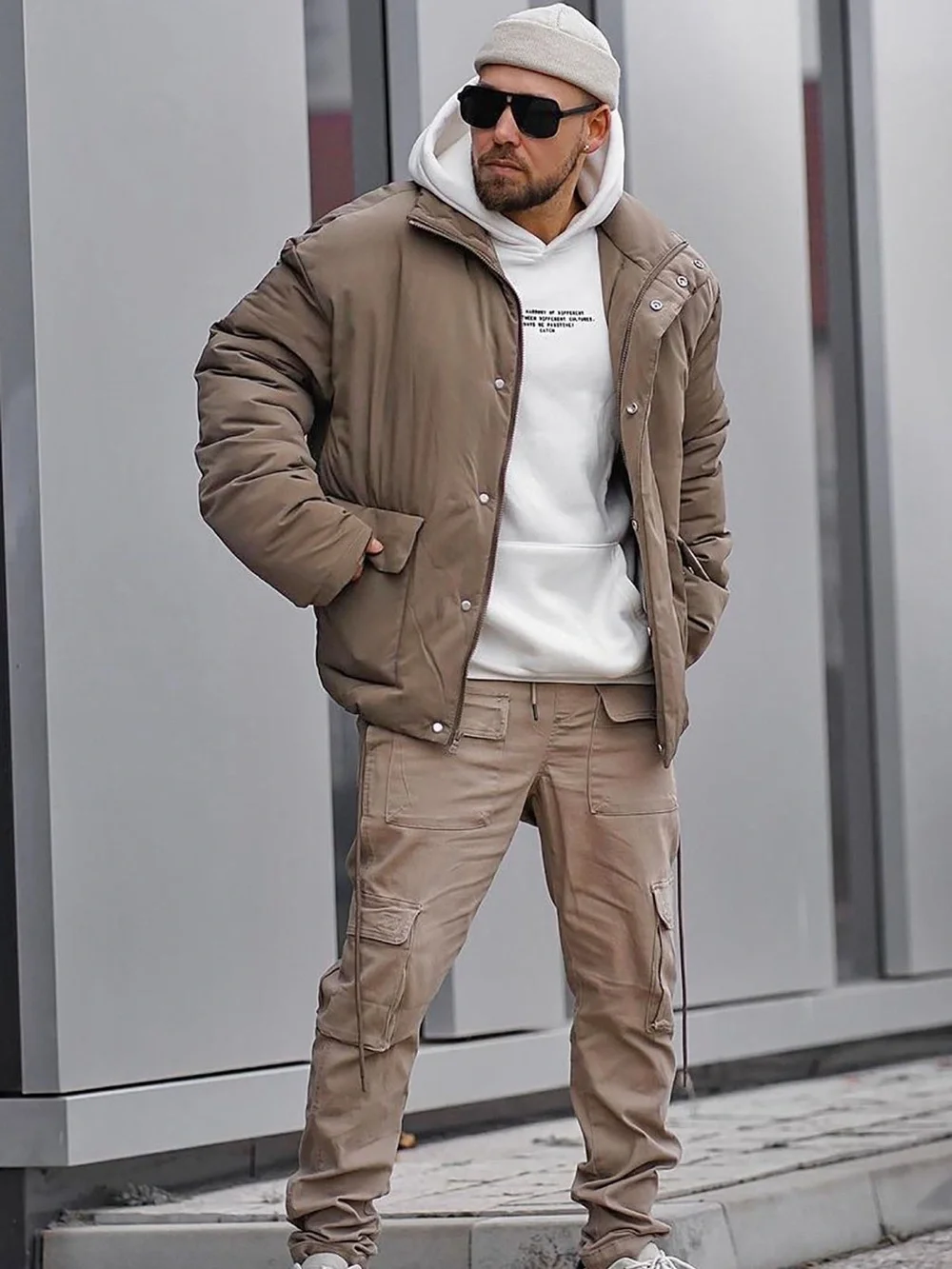 Fashion Nova Men's Taupe Puffer Jacket - Warm Neutral Outerwear
